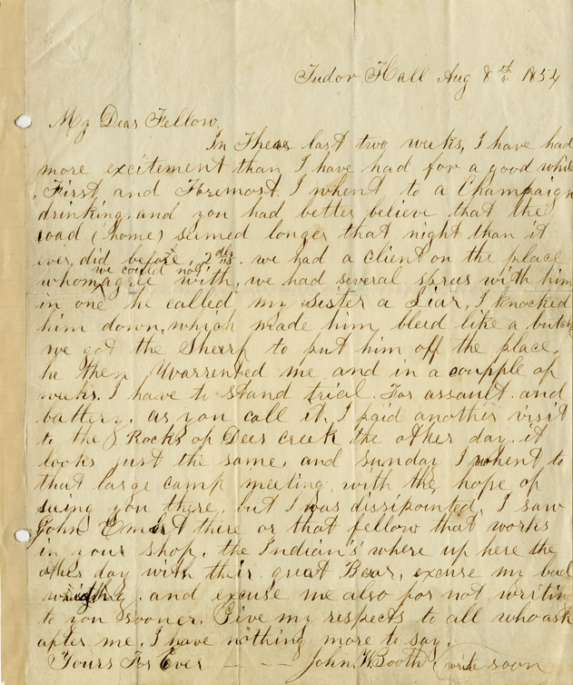 John Wilkes Booth autograph Extremely Scarce John Wilkes Booth Autograph Letter Signed Recounting an Incident for Which Booth Would be Tried for Assault & Battery