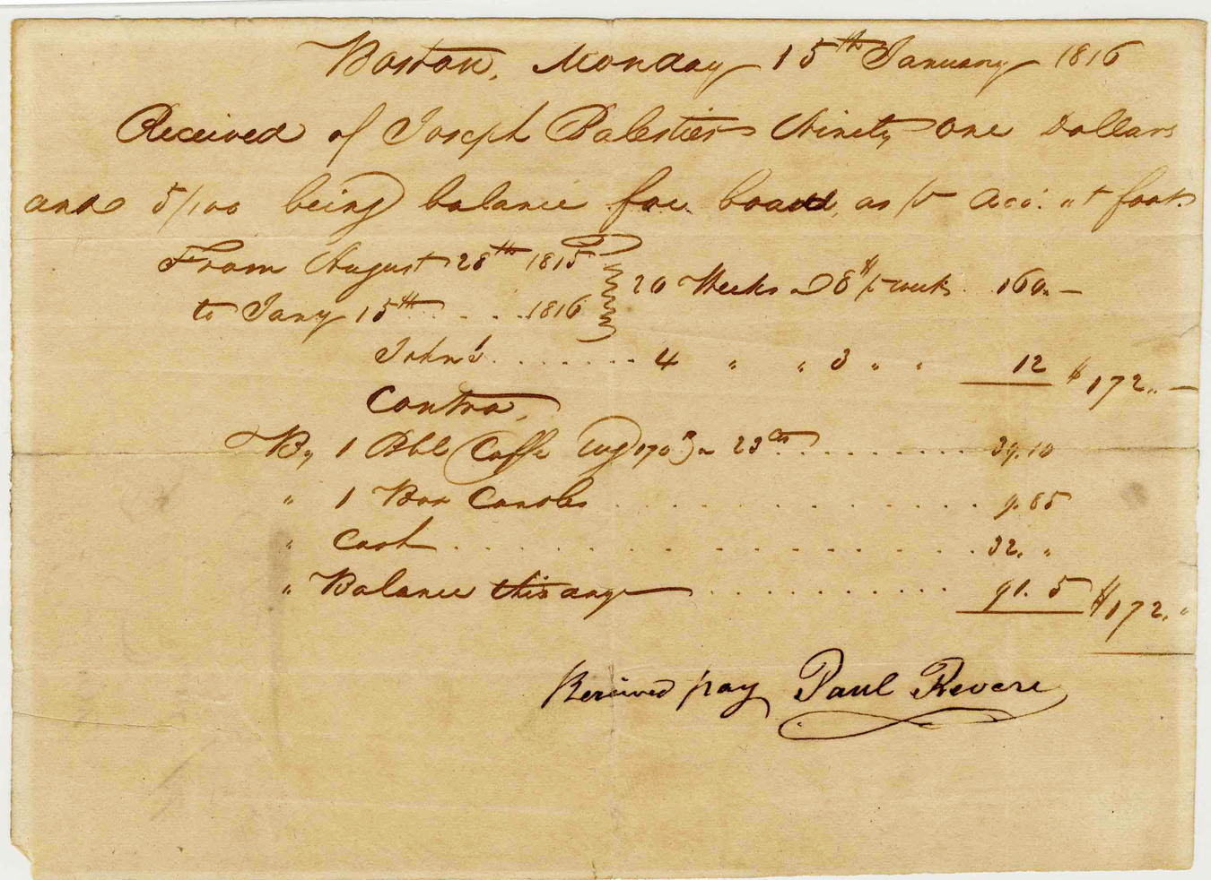 Paul Revere Autograph Incredibly Scarce Paul Revere Autographed Receipt -- From the Patriot Who Called His Countrymen to Arms -- 1816