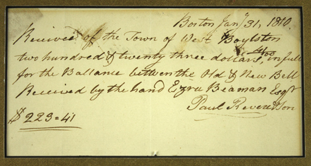 Paul Revere Autograph Rare Receipt Signed and Written in His Hand -- for a Bell Produced by Paul Revere & Son