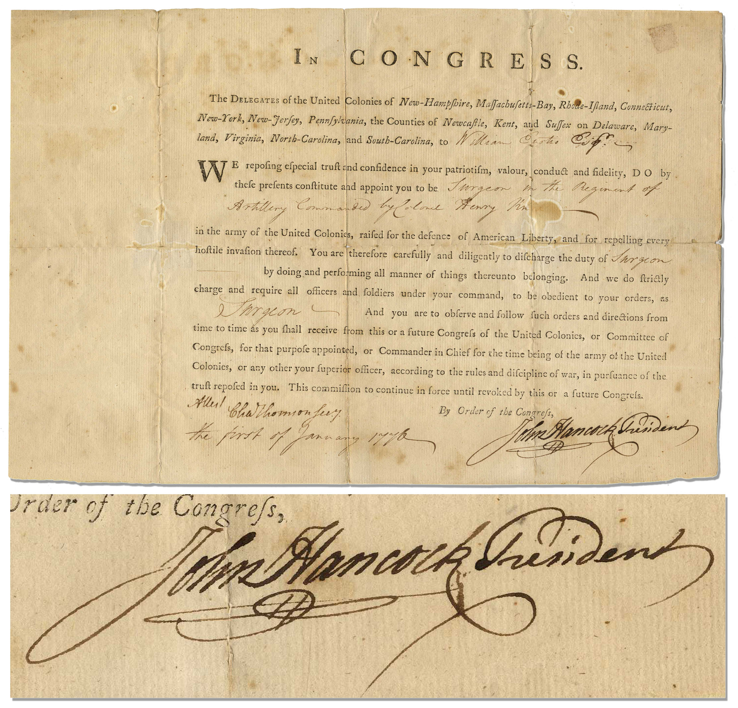 John Hancock Autograph Terrific John Hancock 1776 Revolutionary War Document Signed as President of the Second Continental Congress -- Appointing Future Secretary of War, William Eustis, as "Surgeon" in the Continental Army