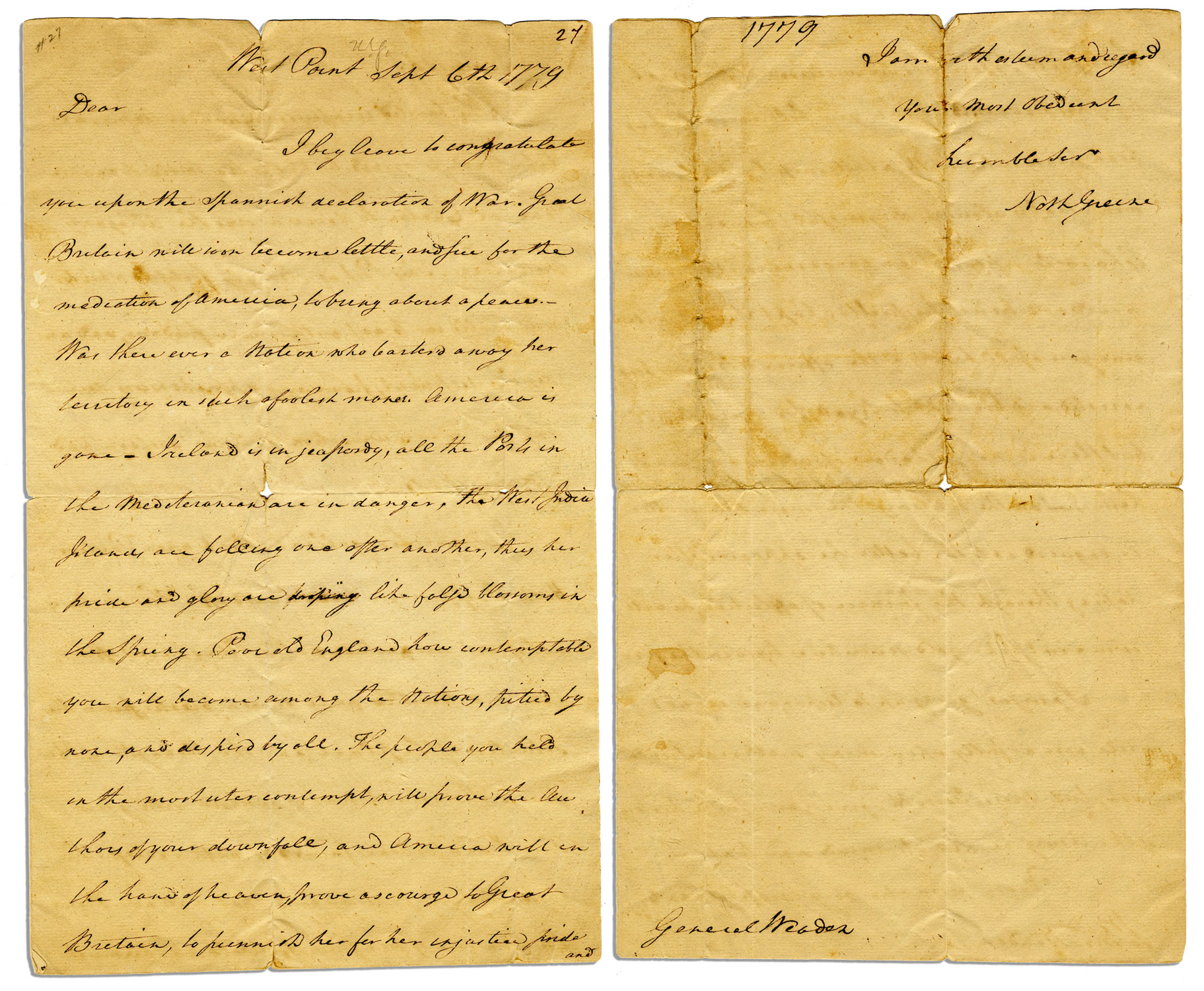 Nathanael Greene Autograph General Nathanael Greene Revolutionary War Autograph Letter Signed Regarding Failed British Leadership -- "Was there ever a nation who barter'd away her territory in such a foolish maner?"