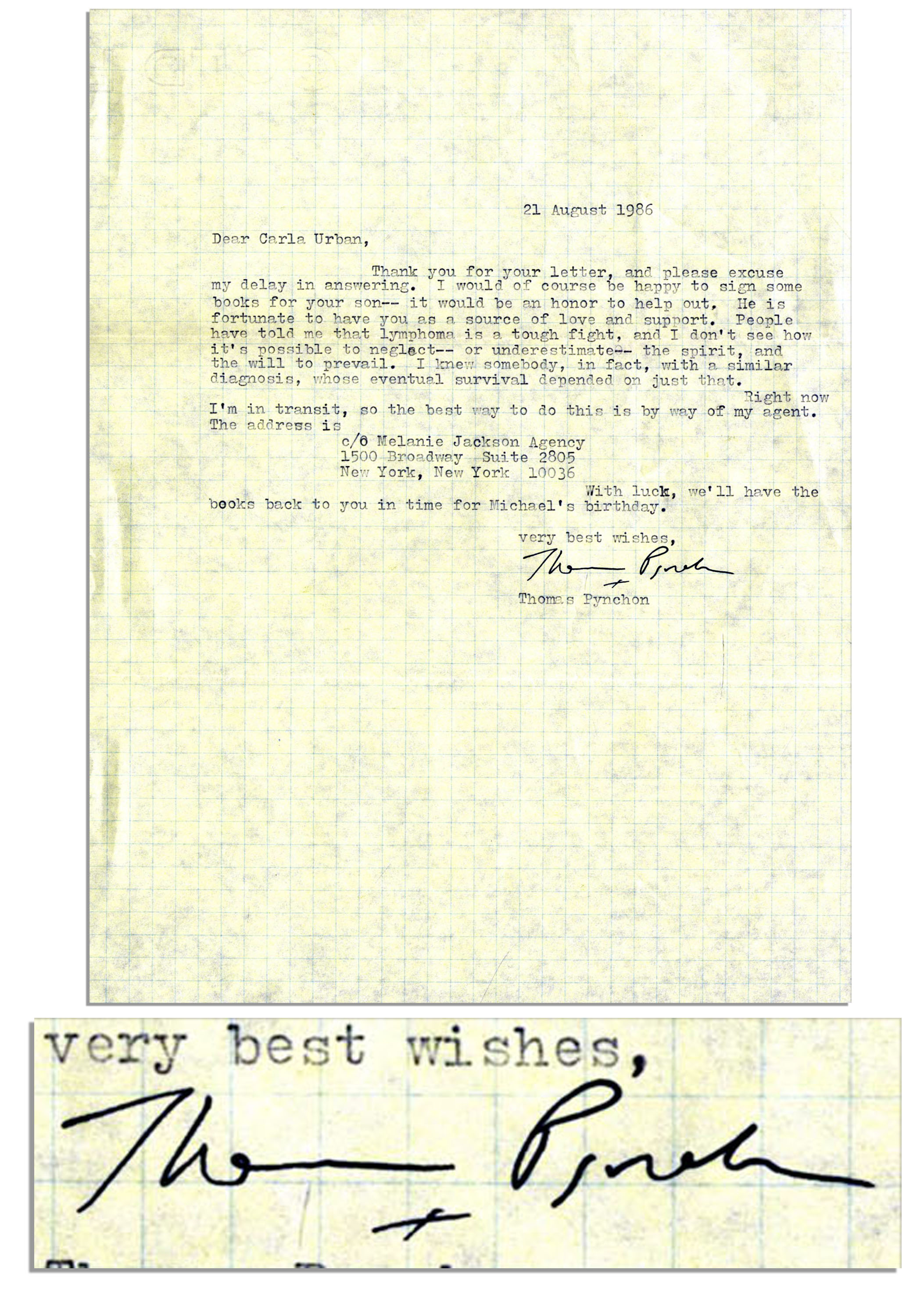 Thomas Pynchon autograph American Novelist Thomas Pynchon Typed Letter Signed -- "…I would of course be happy to sign some books for your son - it would be an honor…" -- 1986 -- With PSA/DNA COA