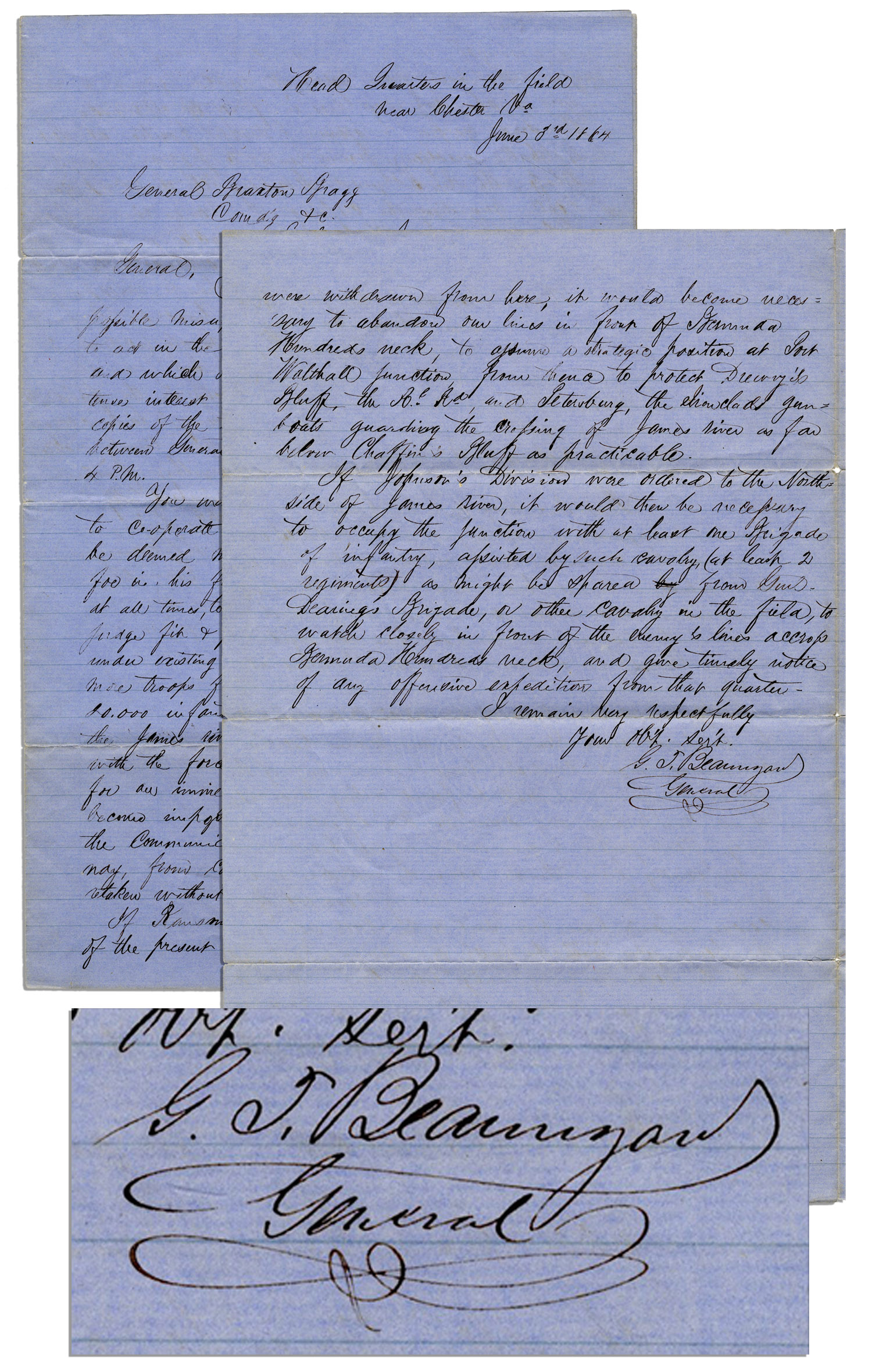 P.G.T. Beauregard Autograph General Beauregard June 1864 Autograph Letter Signed With Additional AES -- ''…co-operate with Genl. Lee in any manner…towards the crushing of the foe in his front…''