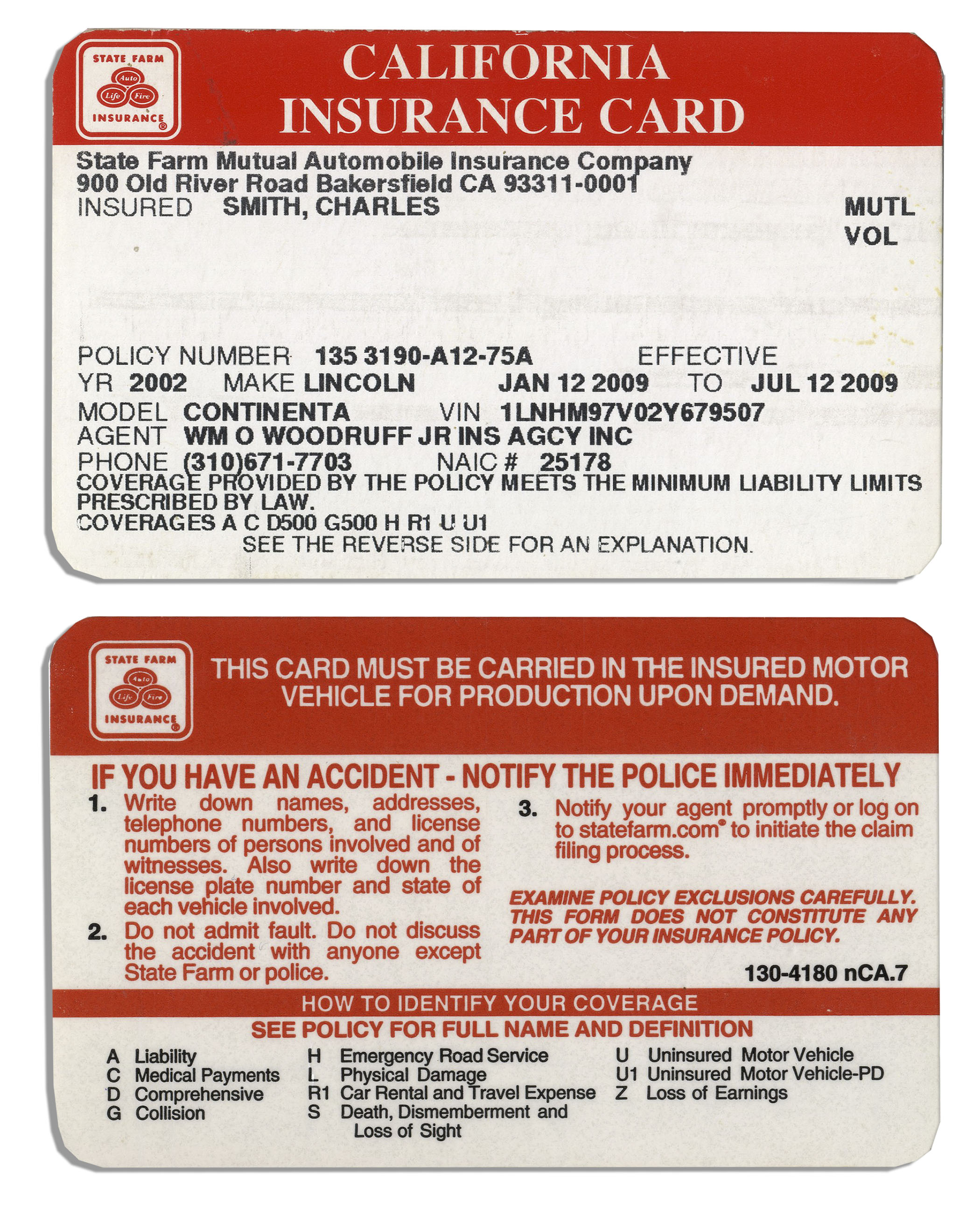 Printable State Farm Insurance Card Template 9265