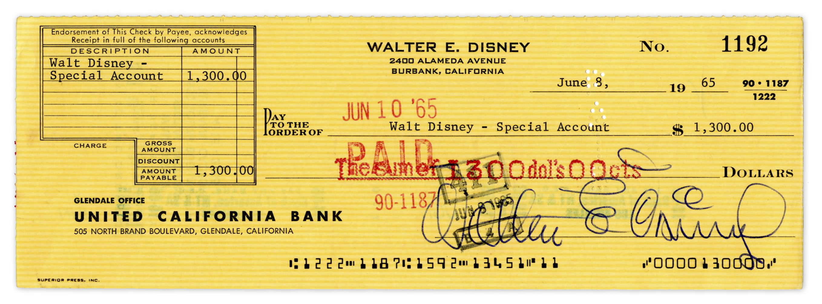 Sell Your Walt Disney Check Sigend at Nate D. Sanders Auctions