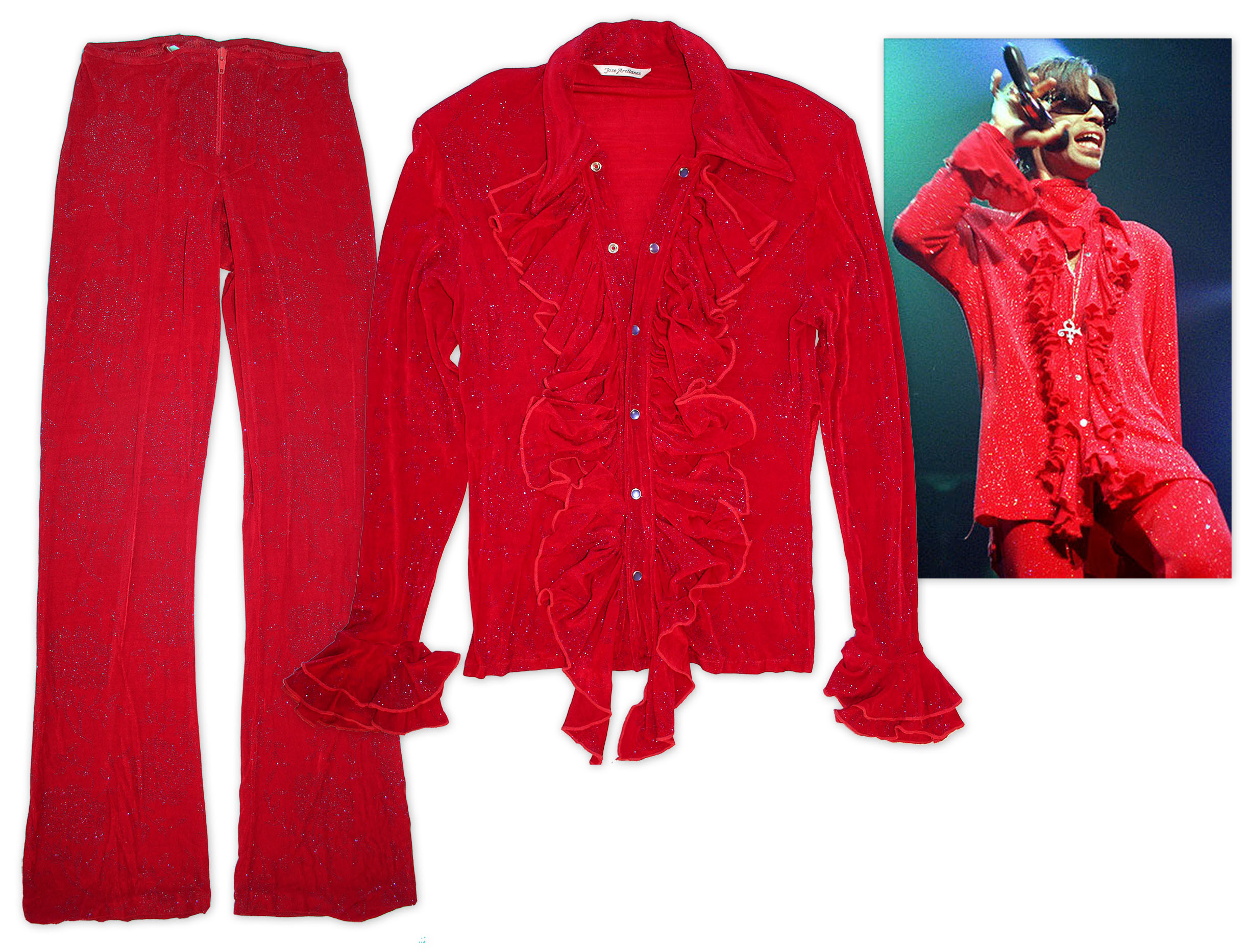 Prince stage worn costume Prince Stage-Worn Red Costume -- Also Worn on the Album Cover of Prince's Album "Newpower Soul"