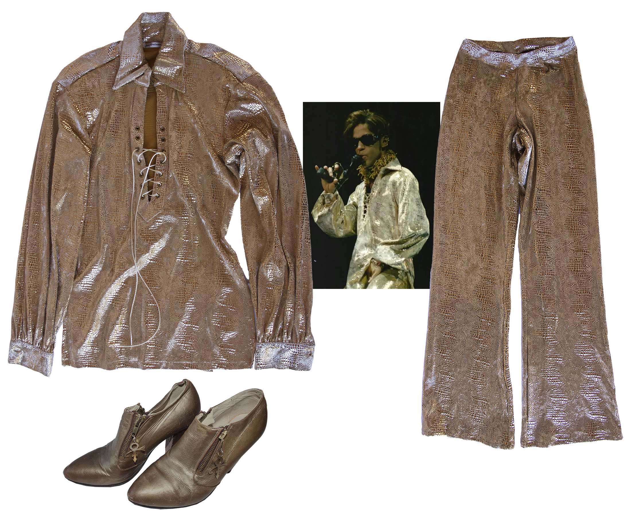 Prince worn shirt Prince Stage-Worn Gold Mesh Shirt & Pants -- With Gold Shoes Adorned With His Love Symbol