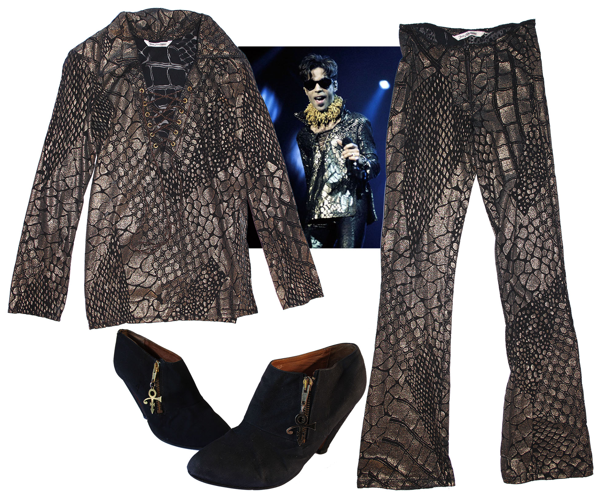 Prince worn shirt Prince Stage-Worn Black & Gold Costume -- With His Shoes Featuring His Love Symbol
