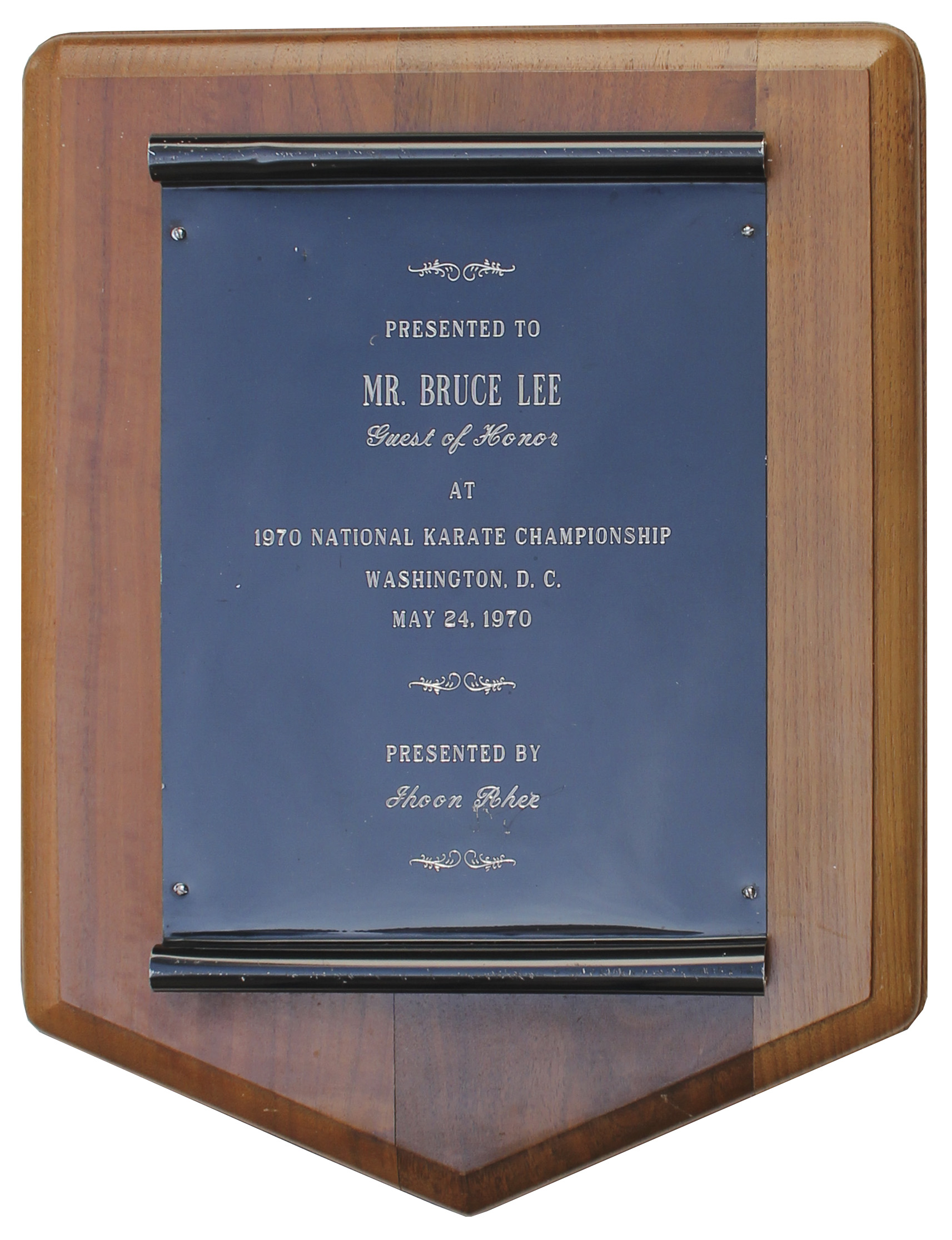 Bruce Lee Autograph Bruce Lee's National Karate Championship Plaque -- Awarded to Him & Very Scarce